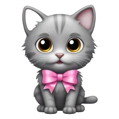 fluffy gray little cat with big eyes and a pink bow sticker