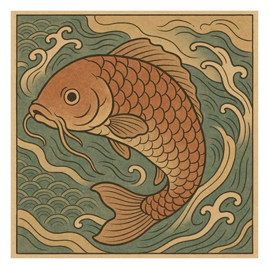 ukiyo-e style illustration of a koi fish swimming sticker