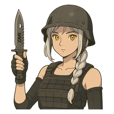  a closeup portrait of young woman with gold yellow eyes, white hair, long braid, black off-shoulder top d-cup, punk gothic style, futuristic cyberwave cyberpunk,  she has a plate carrier armor vest , and a old-style steel bulletproof combat helmet.  holding up a DAYZ combat knife sticker
