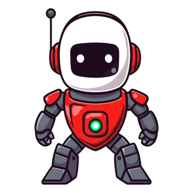 modern face of a black robot with white led eyes, red leds on robot, brave pose, smiling sticker
