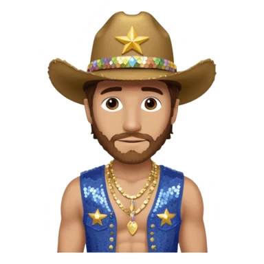 Jake Gyllenhaal with brown hair, periwinkle sequin cowboy hat, periwinkle sequin baggy pants, shirtless with necklace sticker