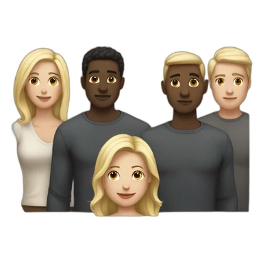 six dark-skinned men stand in a row behind a pale blonde woman sticker
