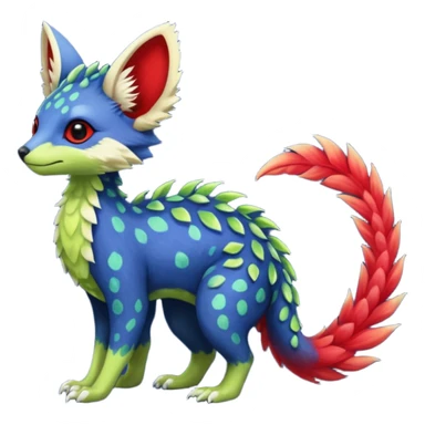 Feral Rare Fantasy vibrant tropical red and indigo and lime-collred Vernid-Trico-species-creature by LiLaiRa, random markings, tufted tail, tufted ears, full body sticker