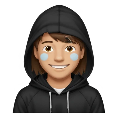 20 yr old man, brown hair, straight, big smile, white teeth, tanned skin, bangs, black hooded sweatshirt, long hair in back, center-parted bangs sticker
