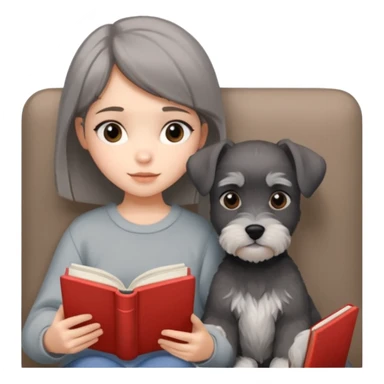 a girl reading a book with a cute male Schnauzer puppy beside her, cozy and relaxing mood, iPhone icon style, simple and clear, soft colors, minimal background sticker
