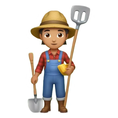 A 3D cartoon farmer standing in a green field with crops, wearing a hat and holding a shovel, bright sunlight, soft shadows, realistic Memoji-style rendering. sticker