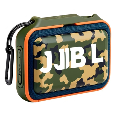 JBL Go Clip 4 portable speaker with camouflage colors and carabiner clip sticker