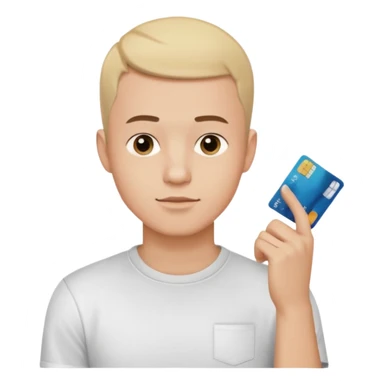 a 25 year old man thinking whit his hand forming an l shape on his chin whit short buzz cut hair whit a white t shirt and holding a credit card in his left hand make shure the card is medium sized so you can see it from a far make shure the caracther is big and a yellow background sticker