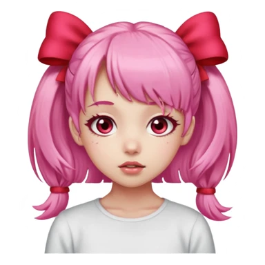 Faz uma garota de pele clara Seus olhos são grandes e rosa-avermelhados, sempre brilhantes e emotivos. O cabelo é rosa claro, preso em dois rabos de cavalo laterais com laços vermelhos, e sua franja é cheia, caindo sobre a testa de forma suave. sticker