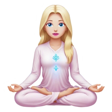 A cinematic realistic blonde with long hair, blue eyes, pink lips in white clothes meditates, her chakras glow sticker