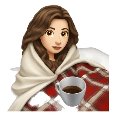 brunette white girl under plaided blanket with coffee cup sticker