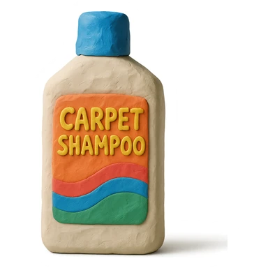 carpet shampoo bottle with blue cap and colorful label, soft lighting, claymation style sticker
