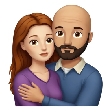 Couple. Bald man with dark brown-black beard. White woman with many small, faded freckles, she has white skin and she has auburn-yellow-brown-cinnamon, dark long hair. She has light brown eyes. The man have hazel eyes. Retro style. They hug. sticker