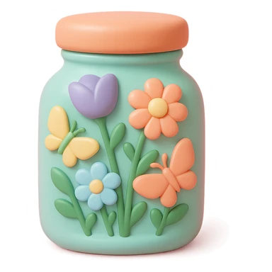 glass jar filled with forest flowers and butterflies, vinyl figure style sticker