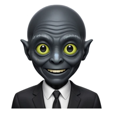 an old alien with black suit, smile sticker