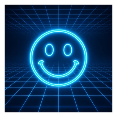 smiley face emoji in neon Tron 80's retro style with glowing blue grid background sticker