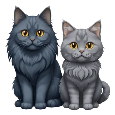 Portrait of a black smoke Maine Coon cat with long grey ear tufts, alongside a British Shorthair cat with a solid blue coat. Both cats with detailed fur textures and playful expressions. Soft, elegant background of room with warm, natural tones. Transparent background. sticker