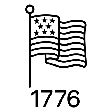 Make the flag vertical and more realistic with natural folds and shading. Keep '1776' below in bold black font. Use a black and white style with transparent background. sticker