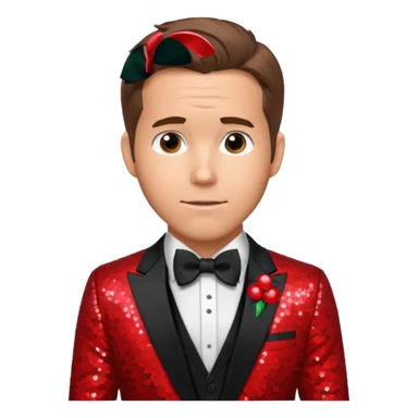 Ryan Reynolds with brown hair, red sequin suit with bow tie sticker