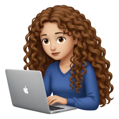 A young woman with too mach long curly brown hair, she has light, white skin, she has brown eyes, her eyes are lowered into the laptop she holds in her hands sticker