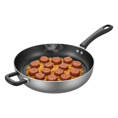 A 3D cartoon frying pan with minced meat being cooked, slight steam, realistic texture, Memoji-style. sticker