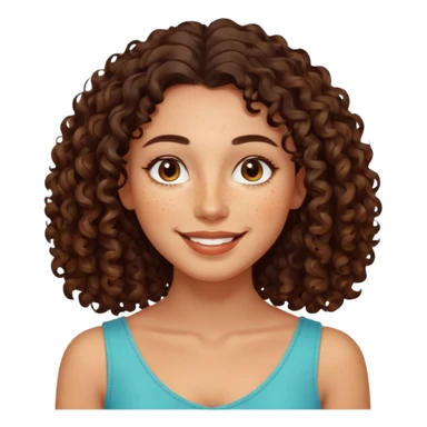 realistic emoji of a smiling woman with dark natural curly shoulder-length hair, full lips, visible freckles, almond-shaped eyes, proportionate nose, glowing complexion, warm comforting expression sticker