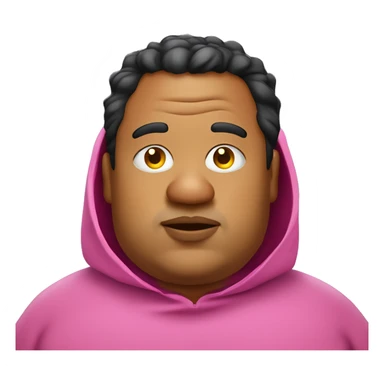 fat man with big ears wearing pink poncho, closed eyes, big lips with visible yellow teeth, duble chin and with a potato nose black messy hair sticker