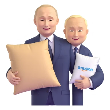 Vladimir Putin in a suit smiling and holding a memory foam pillow with an Amazon package next to him sticker
