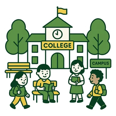 college campus scene, minimalistic, green gold and white color scheme, clean lines sticker