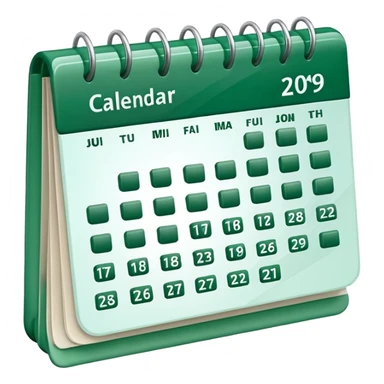 A glossy 3D icon of a clean digital calendar with green (#16A34A) accent highlights, floating pages, subtle shadows, and a modern SaaS-UI look. Soft reflections, rounded edges, friendly professional style. Represents scheduling and reservation management. sticker