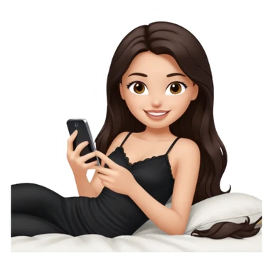 generate a pretty fair bratz girl with long dark brown hair using her phone in bed, smiling . Wearing a black cami sticker