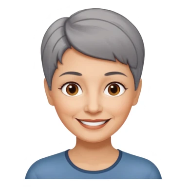 woman 60 years old, shaved short uncombed dark grey hair, brown eyes smile sticker