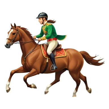 An icon showcasing a majestic horse and rider in full gallop across a lush green field. The background features a clear sky, distant mountains, and a vibrant landscape. The rider wears traditional gear, while the horse leaps with grace and power. Transparent background sticker