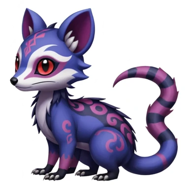 Rare warm-colored exotic gloomy tropical edgy cute epic aesthetic spooky indigo purple white black red gothic colorful Salandit-Furret-Espurr-Meowstic-Civet-species-Fakemon-hybrid-creature, with tribal tattoo markings, full body sticker