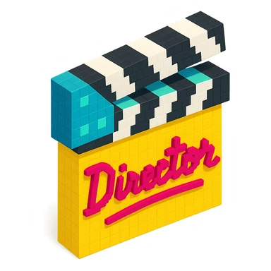 voxel style movie clapperboard with a bold director's signature, isometric view sticker