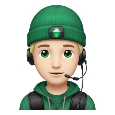 garcon avec un bonnet avec un emeraude dessus et un casque gaming sticker