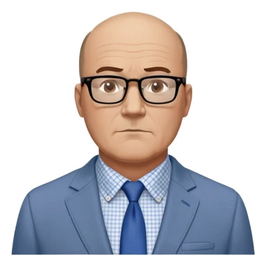 Larger 50-year-old man with extremely wide square face and big square jawline. Balding with hair on top but very little on sides. Large dark square-framed glasses. Serious expression. Wearing a light gray blazer that accommodates his bigger build, white button-up shirt with blue checkered pattern. sticker
