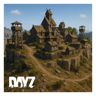 A small hilltop mesa city in the videogame dayz, screensot, based on whiterun but with modern DayZ architecture  sticker