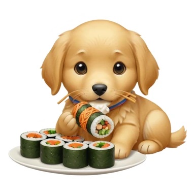 A cute golden retriever puppy eating gimbap in iPhone emoji style, soft 3D glossy texture, bright vivid colors, no outlines, centered composition, transparent background. sticker
