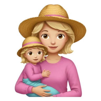 A cheerful wavy short blond hair mom in a straw hat carrying her child, wearing a pink sweater sticker