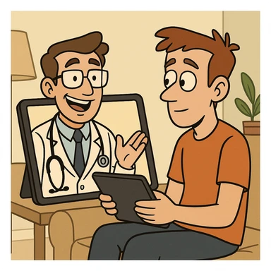 telehealth, doctor on a screen, patient at home, simple and approachable sticker