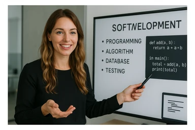 Businesswoman, European, long dark blonde beach waves, green eyes, black blouse with long sleeves, no glasses or chain, smiling, teaching software development sticker