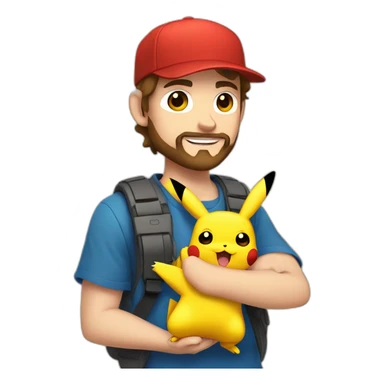 white man with brown hair and beard and a red cap, holding and a pikachu pokemon sticker