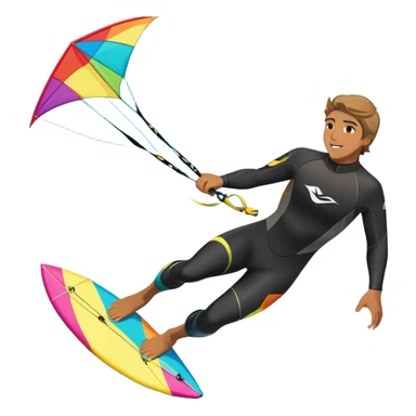 A kite surfer gliding across the ocean, with a colorful kite soaring high in the sky and the surfer carving through the waves. The scene captures the energy and freedom of the sport, with the sun shining and the ocean's waves splashing around. sticker
