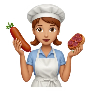Charcuteraa con un chorizo y embutido en la mano con una redecilla en el pelo y delantal blanco sticker