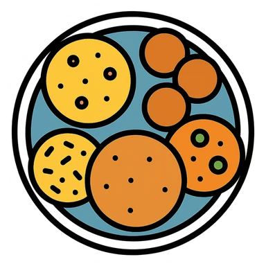 thali platter with multiple Indian dishes, top-down view, flat icon style sticker