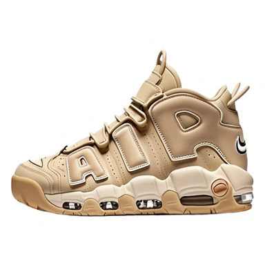 Beige Nike Air More Uptempo sneakers with large AIR letters on the sides, with one sneaker positioned slightly behind the other sticker