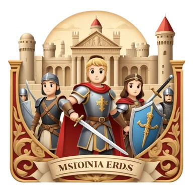 Icon for Historical Movies: A vintage movie poster-style design with elements of ancient architecture, historical figures in period costumes, and a backdrop of a historical event or battle. Include scrolls, swords, and shields. Retro cinematic feel. Transparent background. sticker