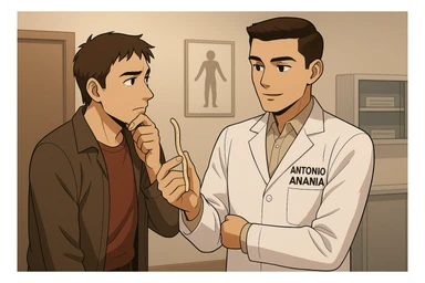 fai un webtoon manga a colori con questo stile, in cui un uomo ascolto il kinesiologo con il camice bianco (fagli anche la scritta "ANTONIO ANANIA" SUL CAMICE, il kinesiologo con il camice mostra un verme lungo e beige chiaro all'uomo, IL KINESIOLOGO SPIEGA ALL'UOMO UNA cosa. L'UOMO ha un ESPRESSIONE pensierosa IN VOLTO mentre si tocca il mento con l'indice. non fare i fumetti però, fai solo in modo che sembri stiano parlando sticker