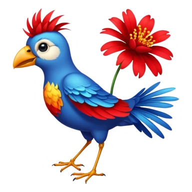 A bird carrying a red flower sticker